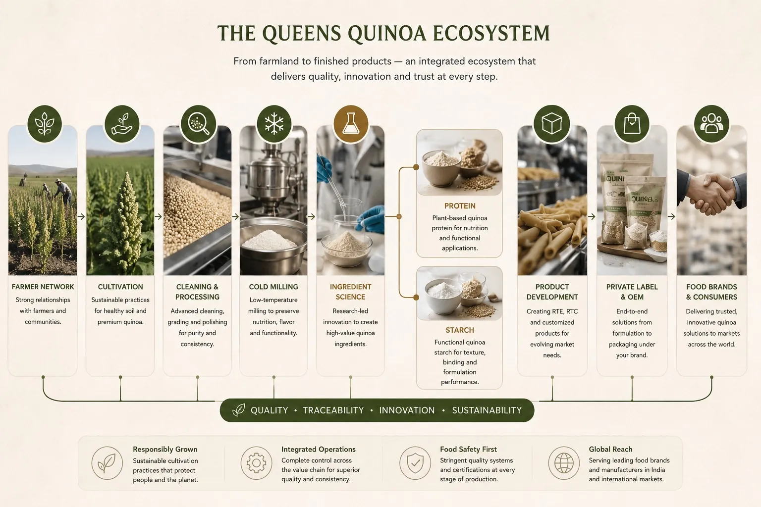 The Queens Quinoa Ecosystem — an integrated flow from Farmer Network through Cultivation, Cleaning & Processing, Cold Milling and Ingredient Science, branching into Protein and Starch, through Product Development and Private Label to Food Brands